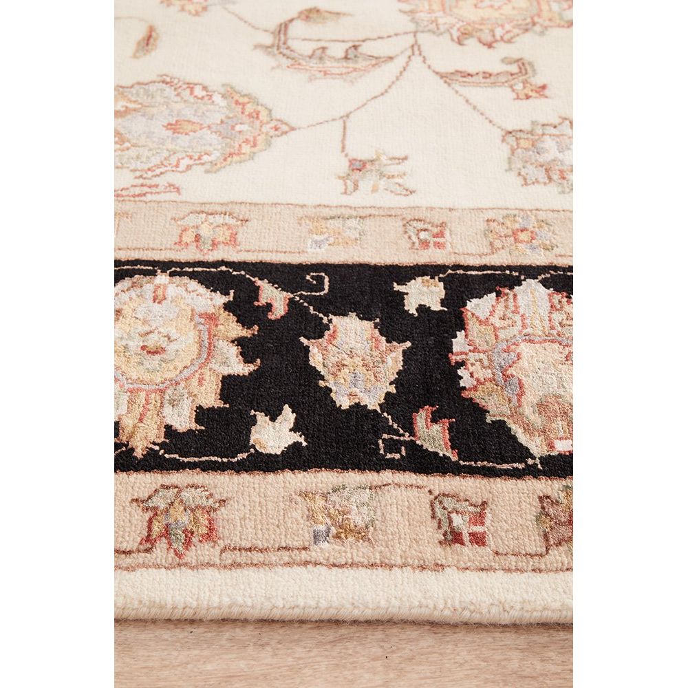 Beige Black Multi Colour Floral Patterned Hand Knotted Oriental Wool Rug - 4