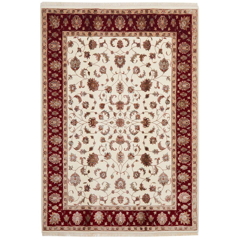 Beige Red Border Multi Colour Floral Patterned Hand Knotted Oriental Wool Rug - 1