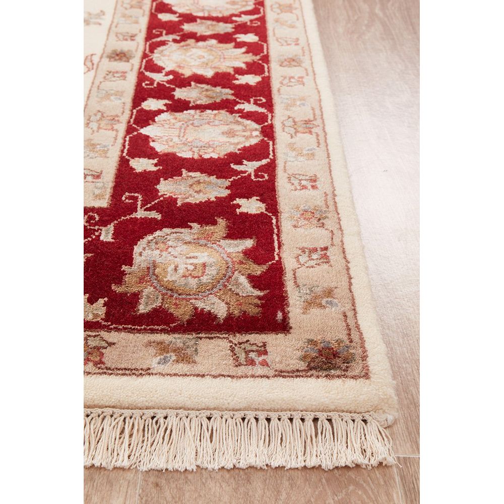 Beige Red Border Multi Colour Floral Patterned Hand Knotted Oriental Wool Rug - 3