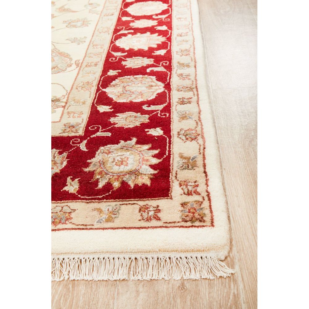 Beige Red Border Multi Colour Floral Patterned Hand Knotted Oriental Wool Rug - 3