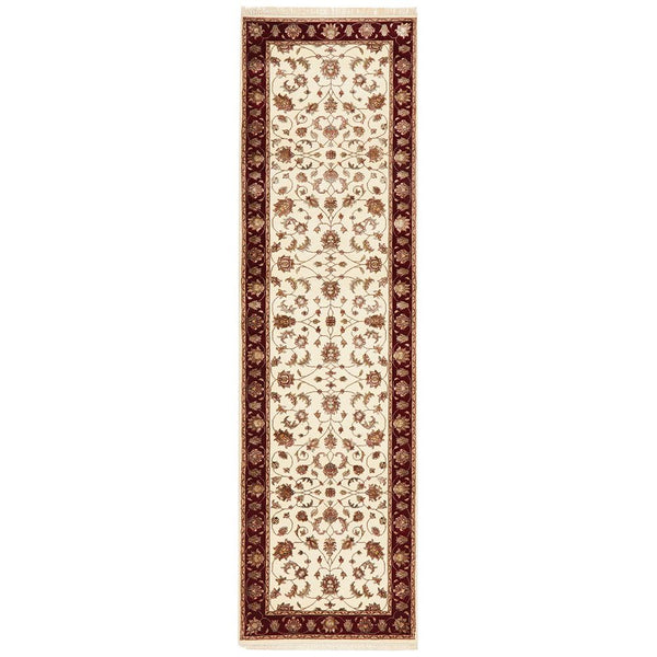 Beige Red Border Multi Colour Floral Patterned Hand Knotted Oriental Wool Runner Rug - 1