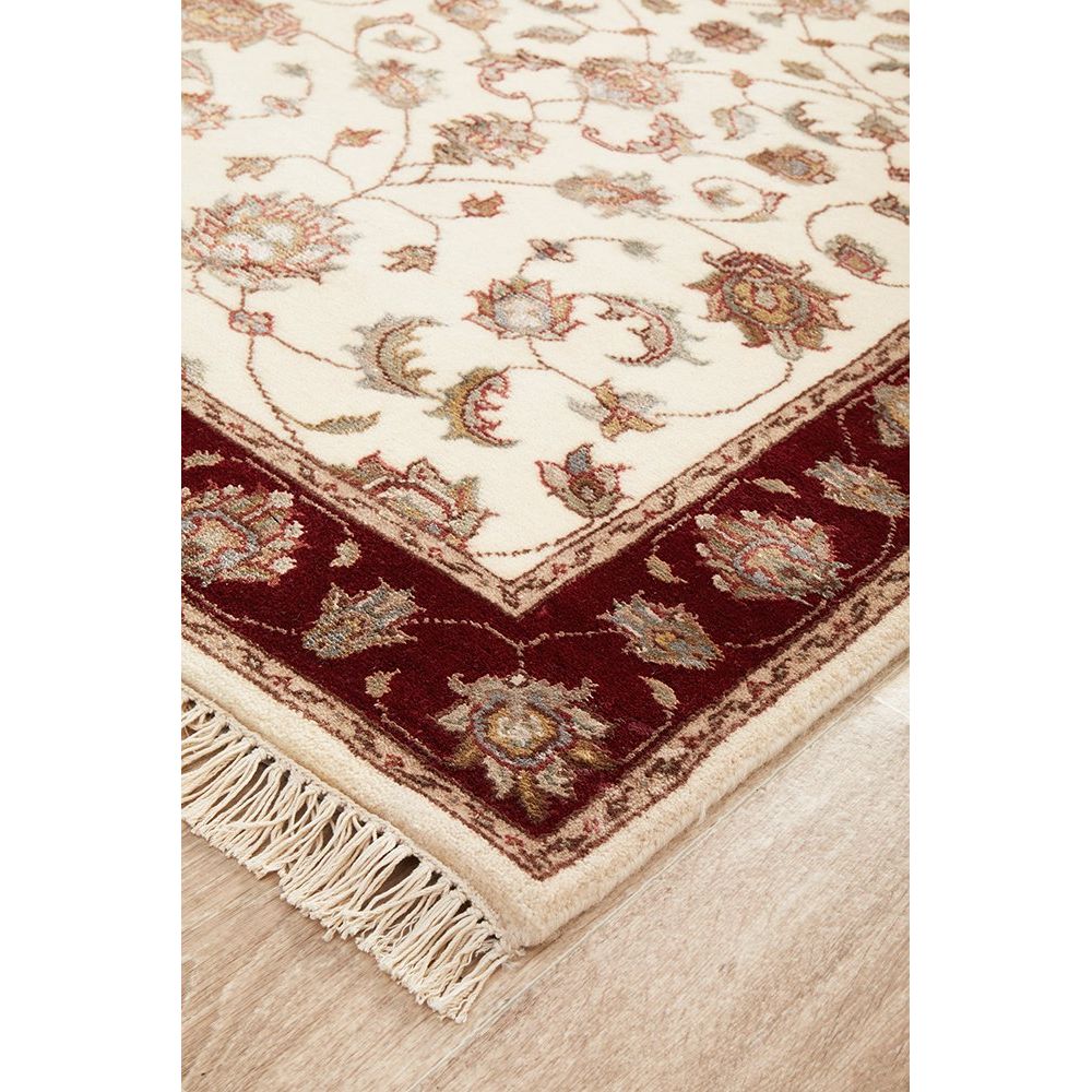 Beige Red Border Multi Colour Floral Patterned Hand Knotted Oriental Wool Runner Rug - 2