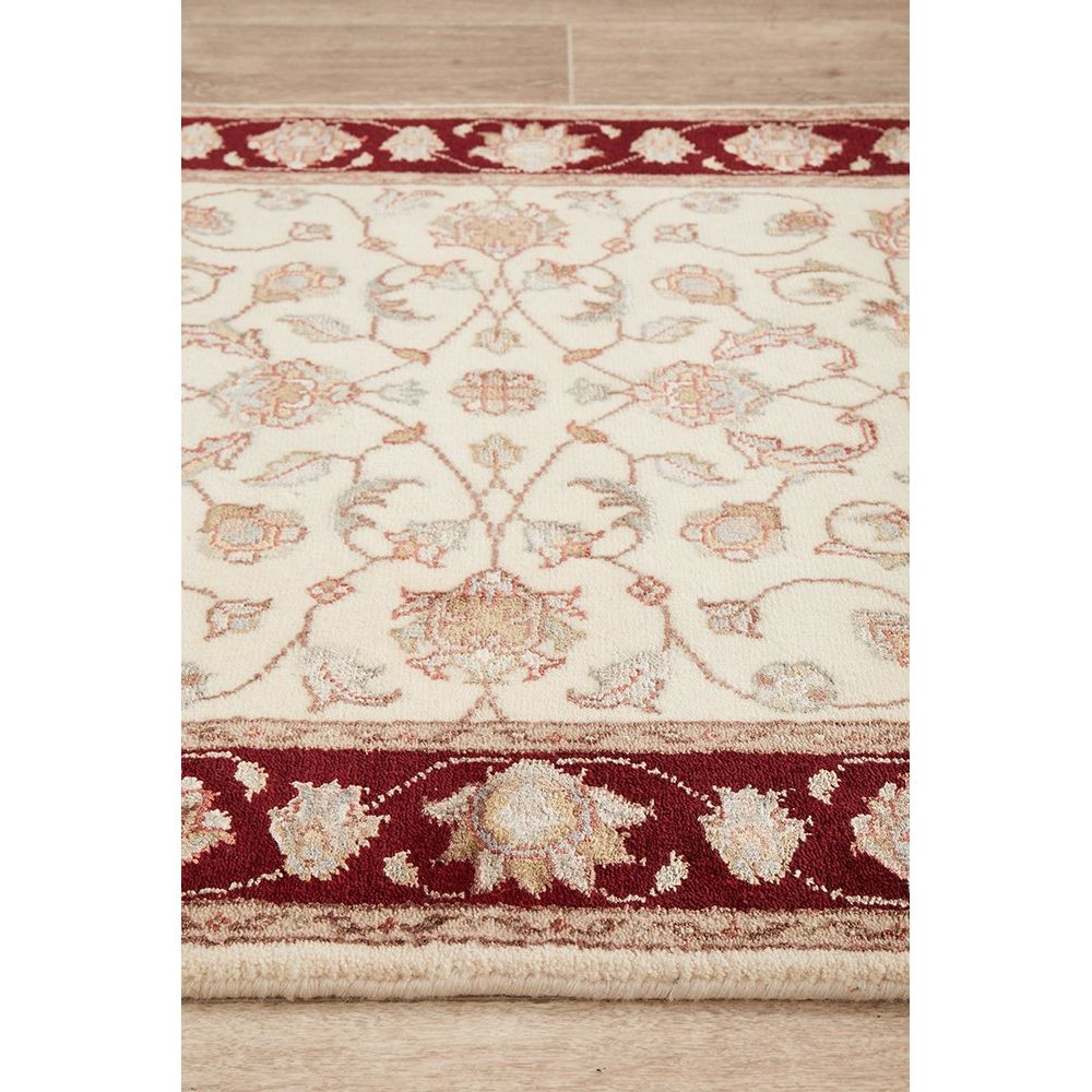 Beige Red Border Multi Colour Floral Patterned Hand Knotted Oriental Wool Runner Rug - 4