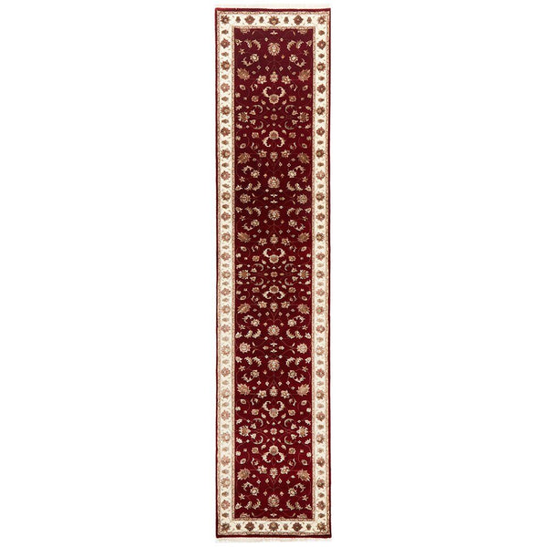 Red Beige Border Multi Colour Floral Patterned Hand Knotted Oriental Wool Runner Rug - 1