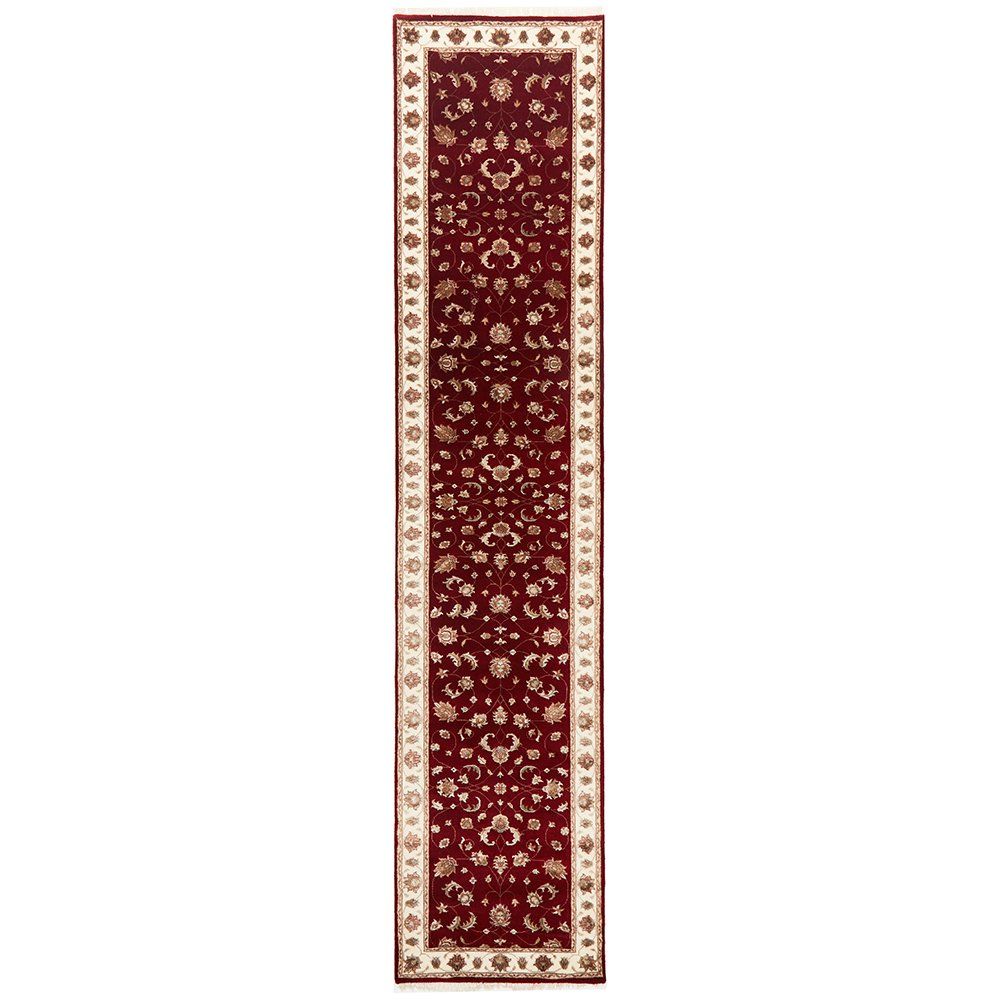 Red Beige Border Multi Colour Floral Patterned Hand Knotted Oriental Wool Runner Rug - 1