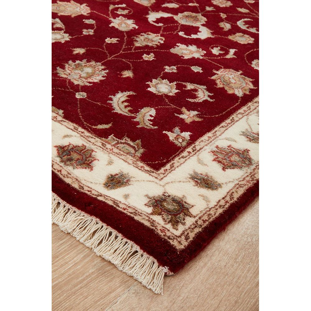 Red Beige Border Multi Colour Floral Patterned Hand Knotted Oriental Wool Runner Rug - 2