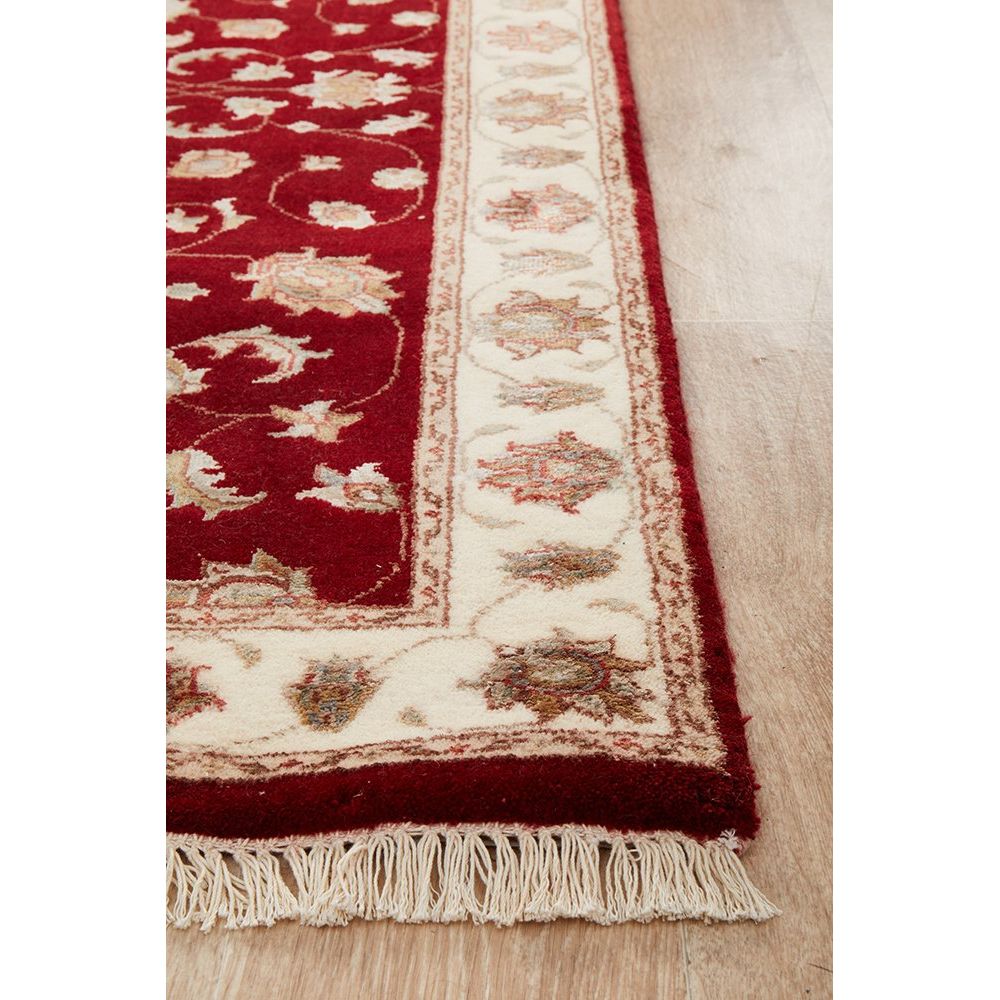 Red Beige Border Multi Colour Floral Patterned Hand Knotted Oriental Wool Runner Rug - 3