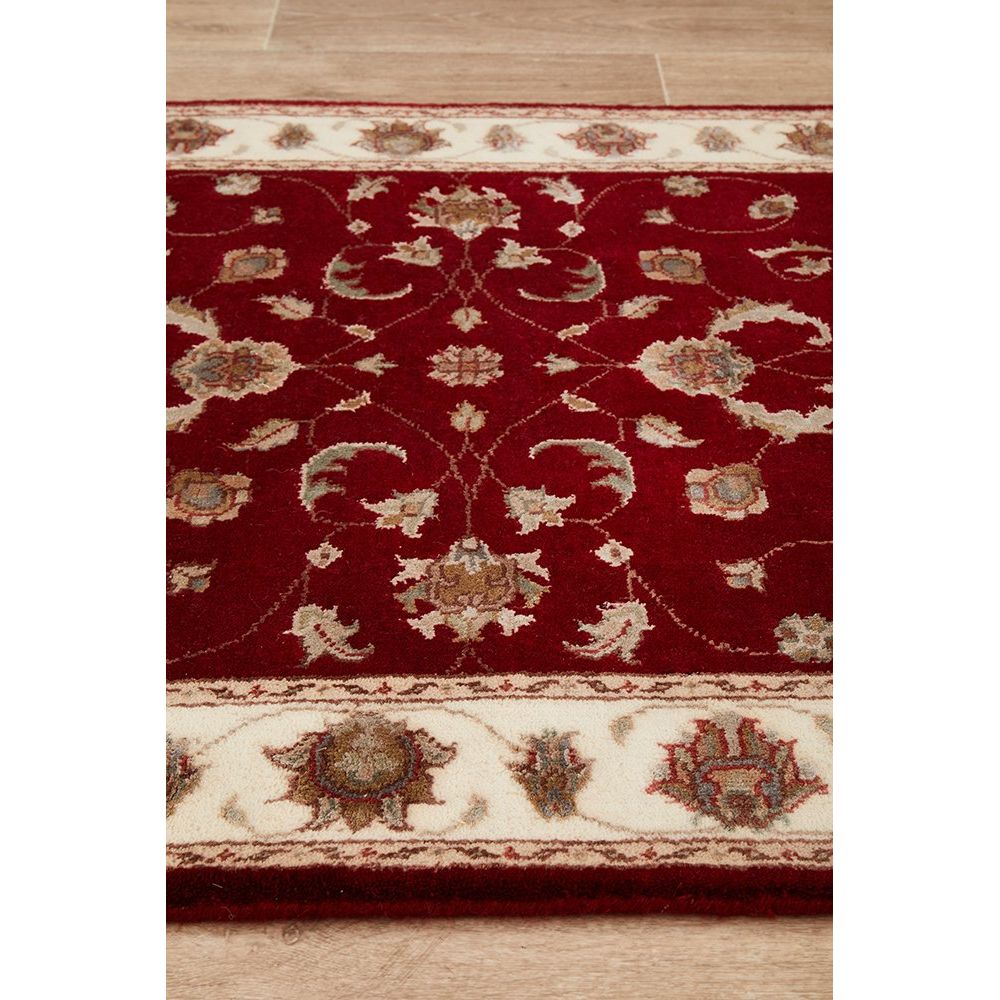 Red Beige Border Multi Colour Floral Patterned Hand Knotted Oriental Wool Runner Rug - 4