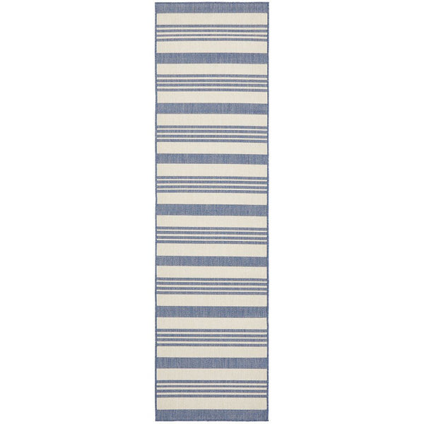 Striped blue and beige runner rug