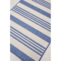 Striped blue and white outdoor rug.