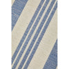 Outdoor rug with blue and beige diagonal stripes.