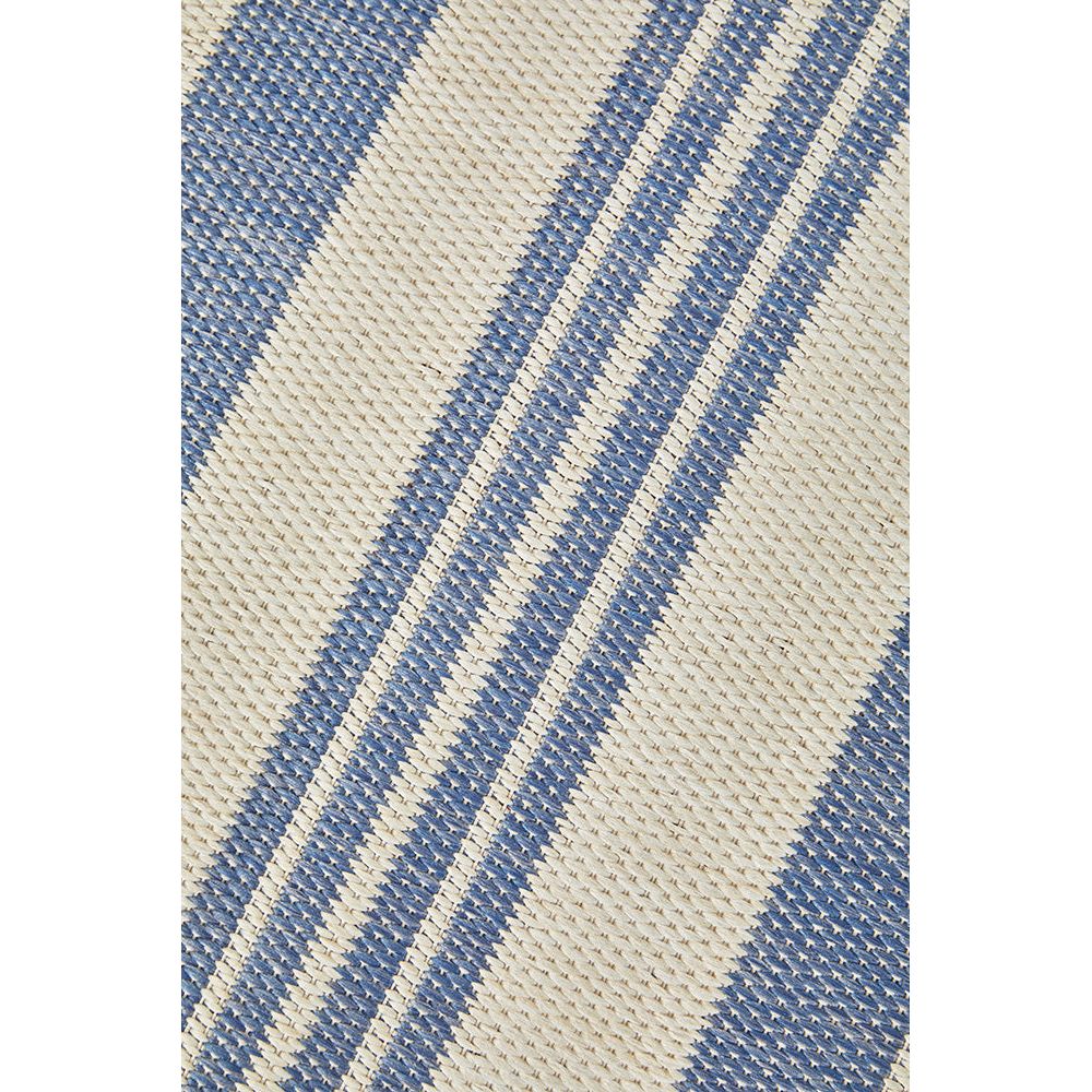Outdoor rug with blue and beige diagonal stripes.