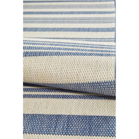 Striped blue and beige rug.