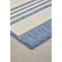 Close-up of a blue and white striped rug.