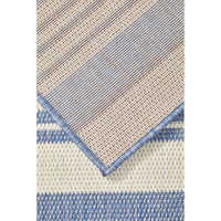 Textured rug with blue and beige pattern.