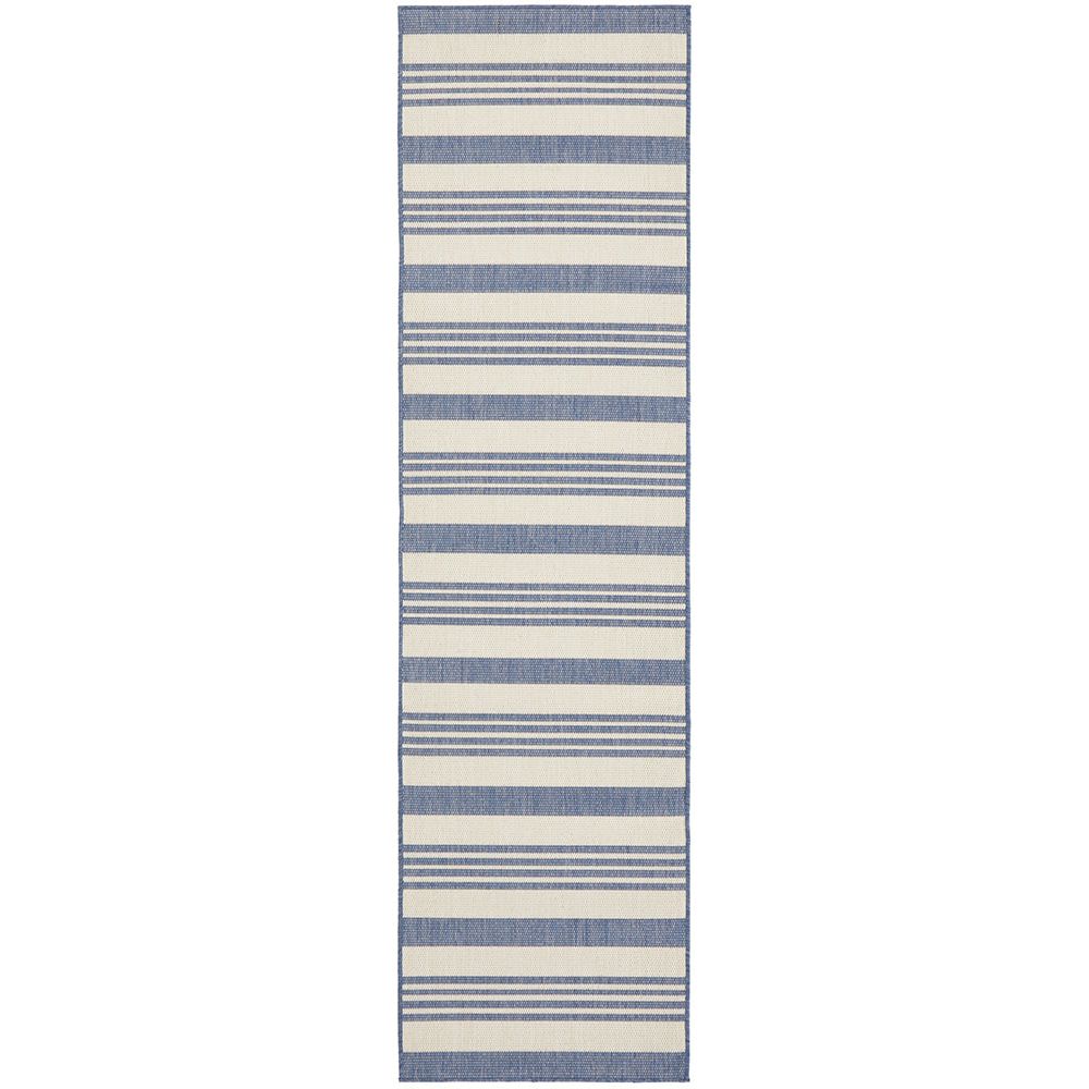 Striped blue and beige indoor / outdoor runner rug