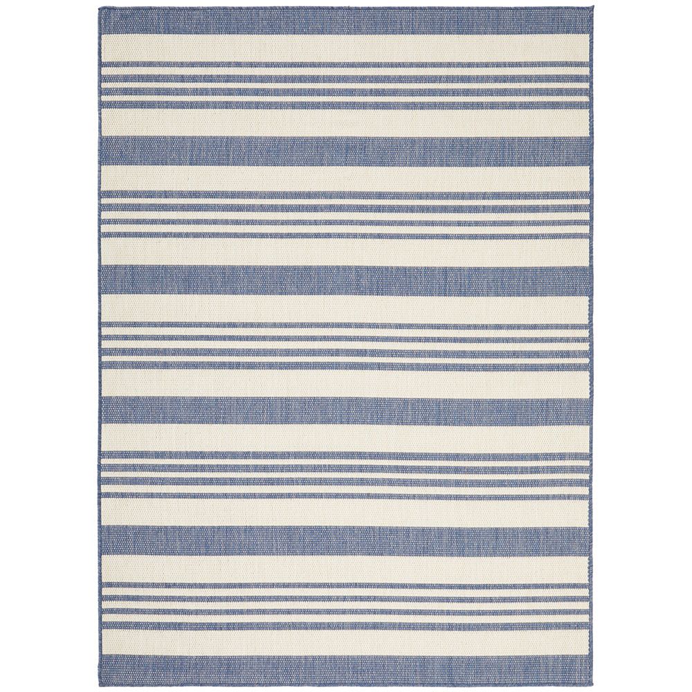 Striped blue and white indoor / outdoor rug