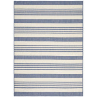 Striped blue and white indoor / outdoor rug