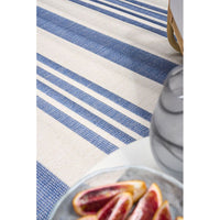 Blue and white striped rug with sliced oranges on a plate.