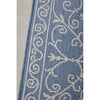 Close-up of a blue and white patterned indoor outdoor runner rug.