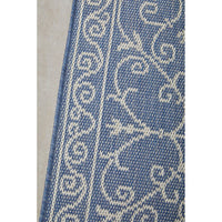 Close-up of a blue and white patterned indoor outdoor runner rug.