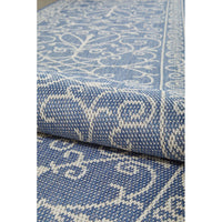 Close-up of a blue and white patterned outdoor runner rug