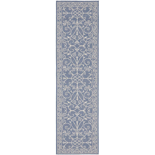 Decorative blue and white patterned indoor / outdoor runner rug