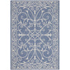 Decorative blue and white indoor outdoor rug with intricate patterns.