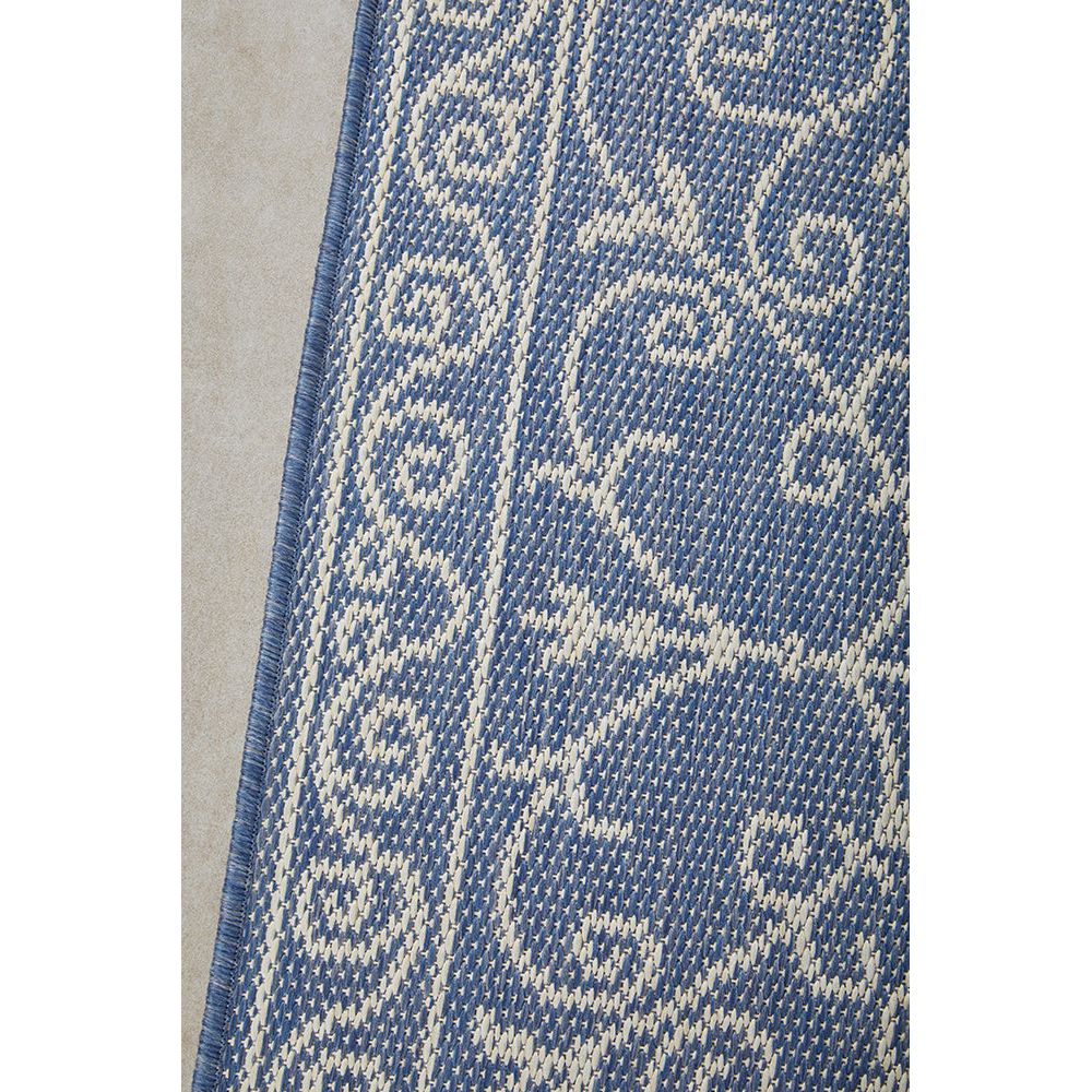 Close-up of a blue and white patterned outdoor rug.