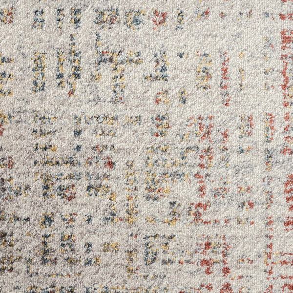 Beige rug with multi-colored abstract geometric pattern and textured polypropylene fibers.