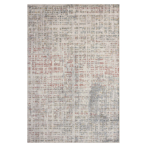 Beige rug with multi-coloured abstract grid pattern and subtle textured design.