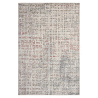 Beige rug with multi-coloured abstract grid pattern and subtle textured design.