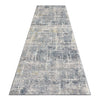 Grey multi-coloured abstract patterned runner rug with textured, distressed design.