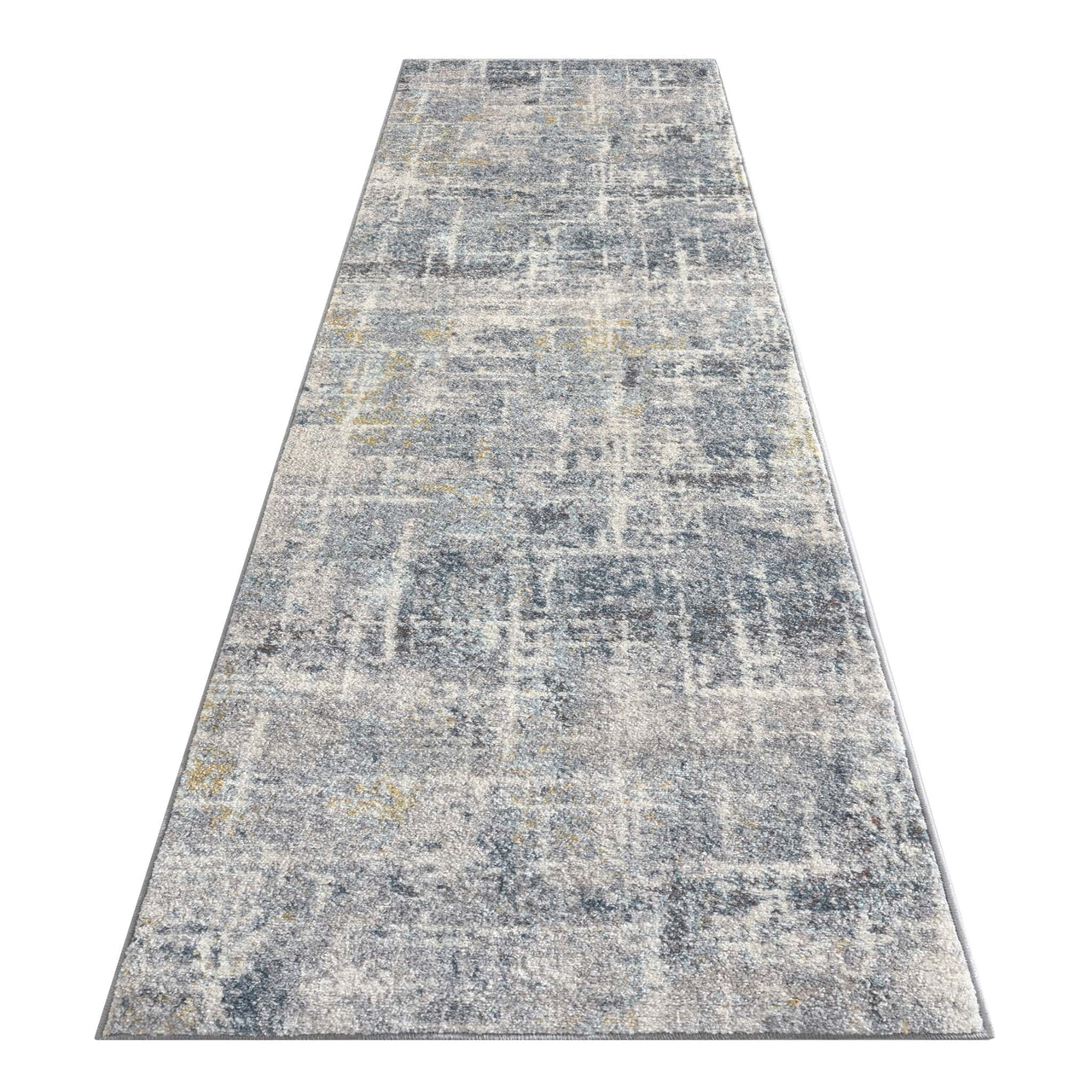 Grey multi-coloured abstract patterned runner rug with textured, distressed design.