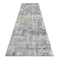 Grey multi-coloured abstract patterned runner rug with textured, distressed design.