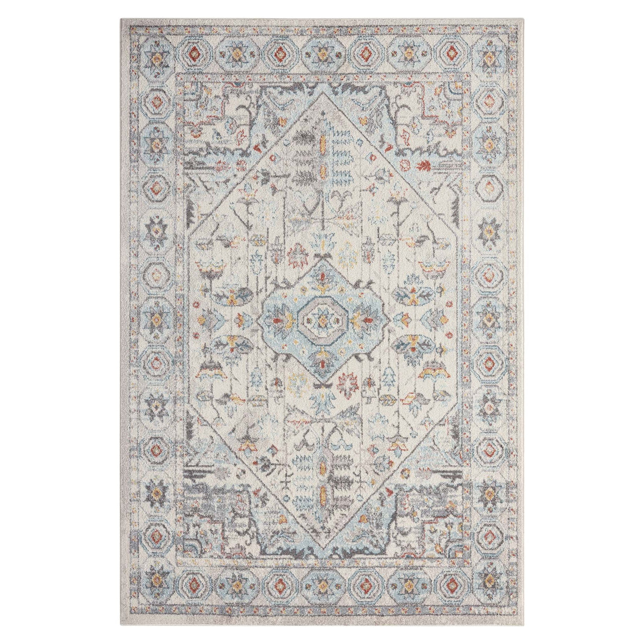 Blue multi-colored transitional geometric rug with intricate patterns and a decorative border.