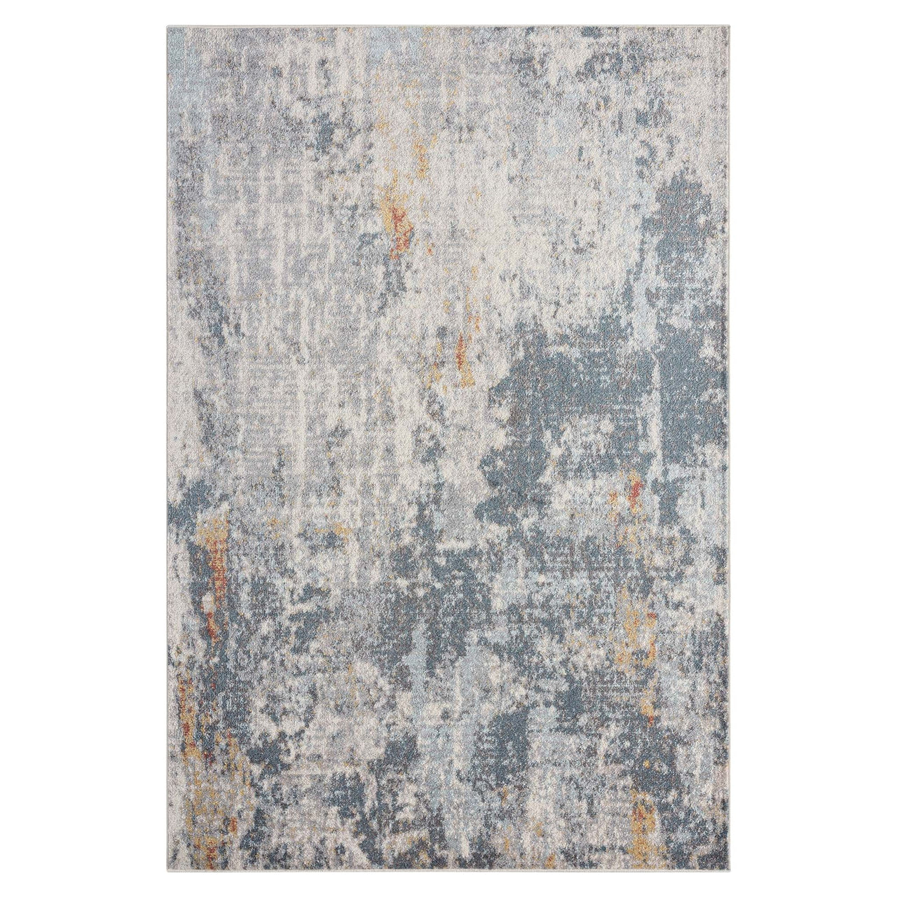 Grey multi-colored abstract patterned rug with textured, distressed design and hints of beige and orange.