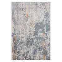Grey multi-colored abstract patterned rug with textured, distressed design and hints of beige and orange.