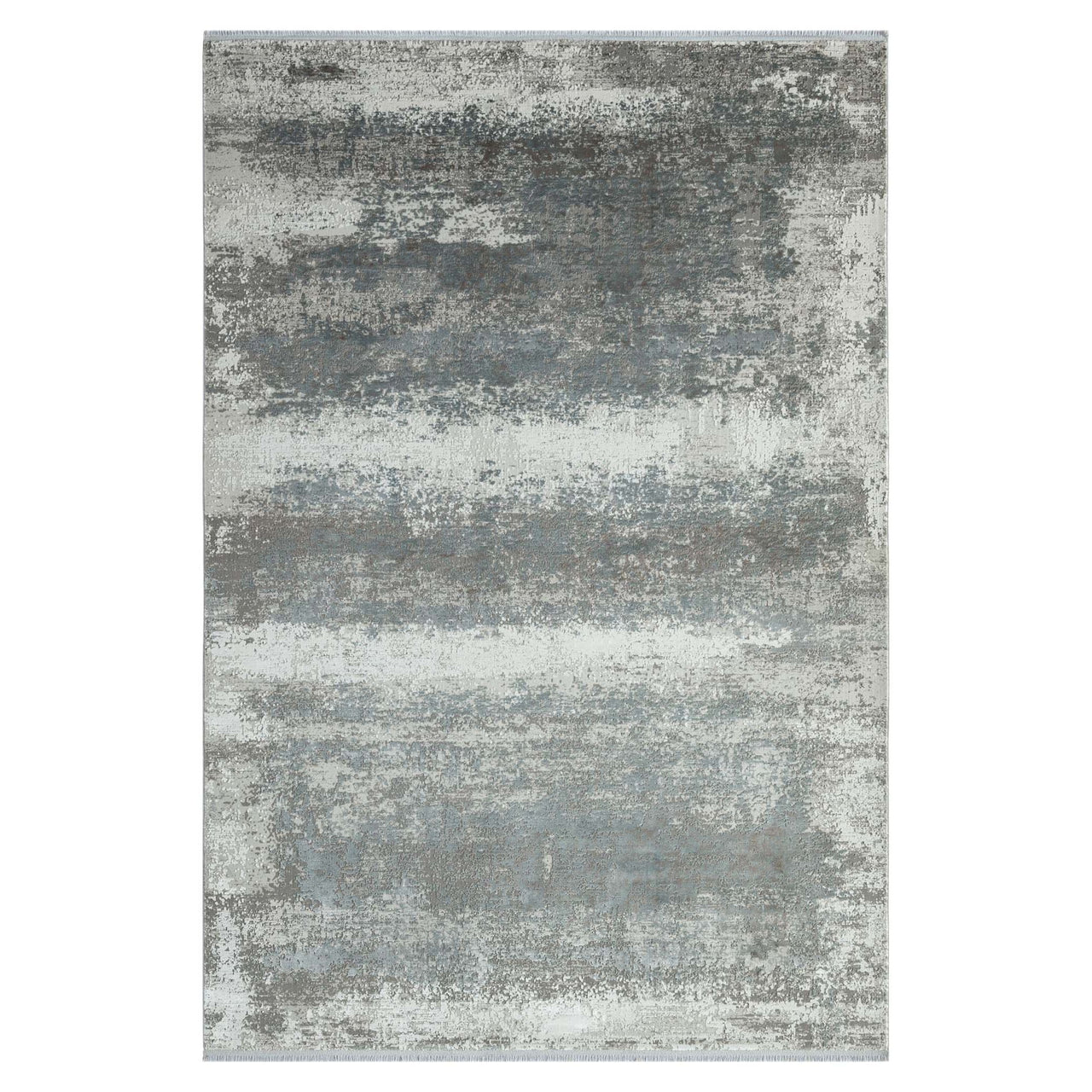 Grey white and blue abstract patterned modern rug with soft textured surface.