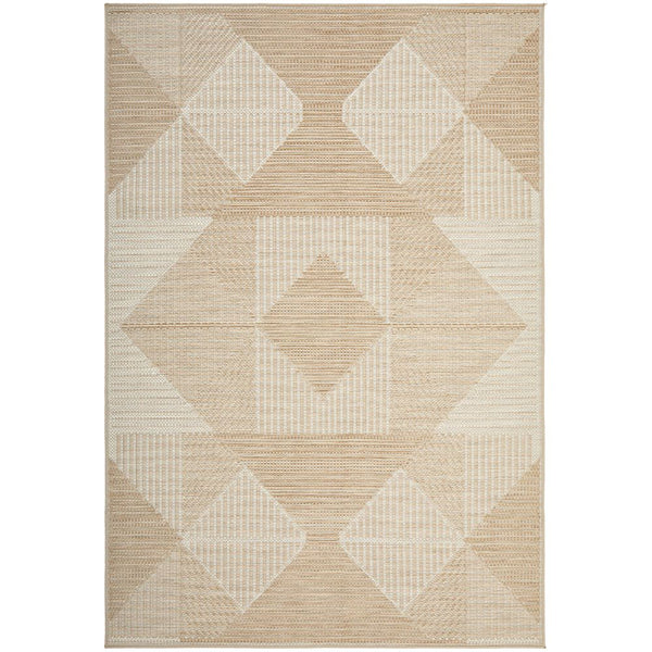 Natural cream modern polycarbonate flatweave rug with geometric diamond pattern.