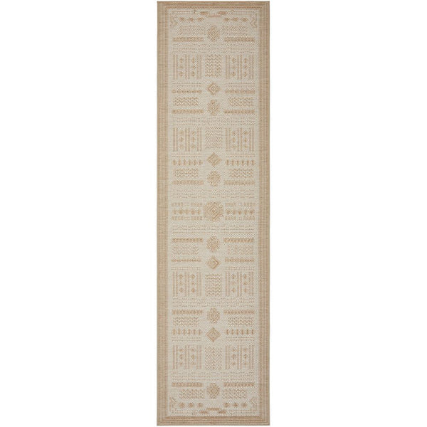 Natural cream flatweave runner rug with geometric and floral motifs, modern indoor-outdoor design.