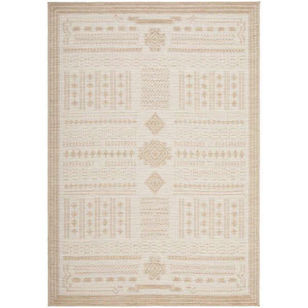 Natural cream indoor-outdoor rug with modern geometric and floral patterned flatweave design.