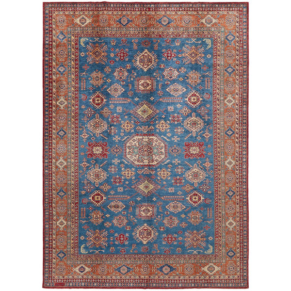 Persian Blue Red Multi Colour Supper Kazak Medallion Floral Hand Knotted Pure Wool Afghan Rug - Rugs Of Beauty - 1