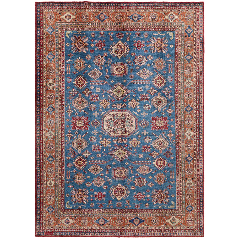 Persian Blue Red Multi Colour Supper Kazak Medallion Floral Hand Knotted Pure Wool Afghan Rug - Rugs Of Beauty - 1