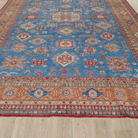 Persian Blue Red Multi Colour Supper Kazak Medallion Floral Hand Knotted Pure Wool Afghan Rug - Rugs Of Beauty - 2