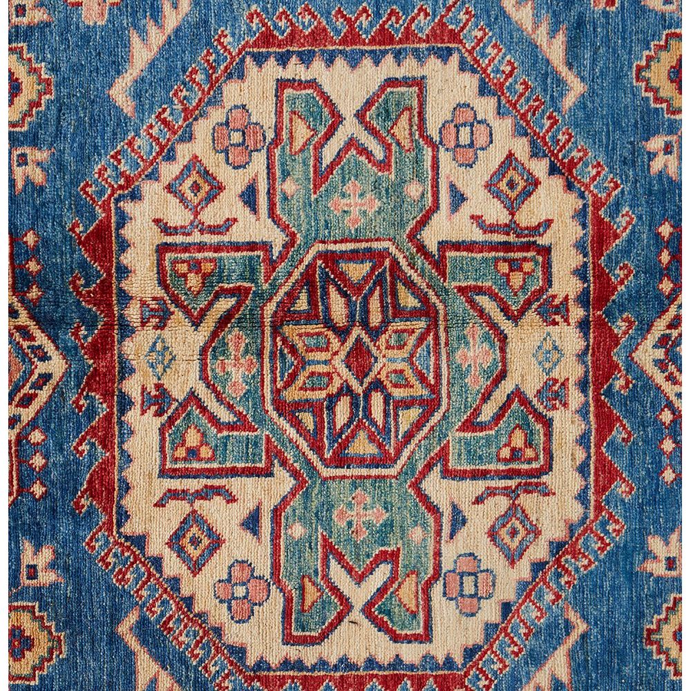 Persian Blue Red Multi Colour Supper Kazak Medallion Floral Hand Knotted Pure Wool Afghan Rug - Rugs Of Beauty - 3