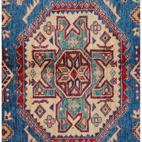Persian Blue Red Multi Colour Supper Kazak Medallion Floral Hand Knotted Pure Wool Afghan Rug - Rugs Of Beauty - 3
