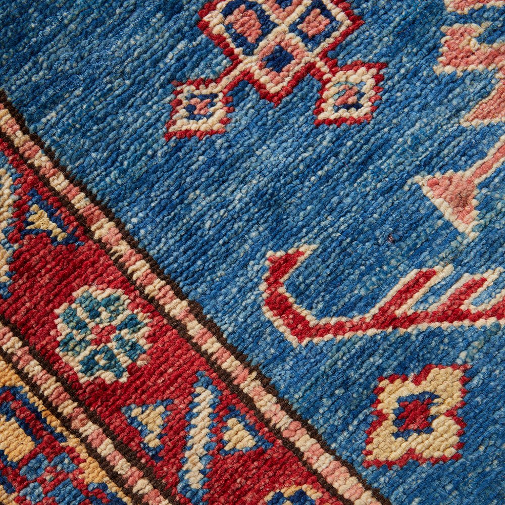 Persian Blue Red Multi Colour Supper Kazak Medallion Floral Hand Knotted Pure Wool Afghan Rug - Rugs Of Beauty - 4