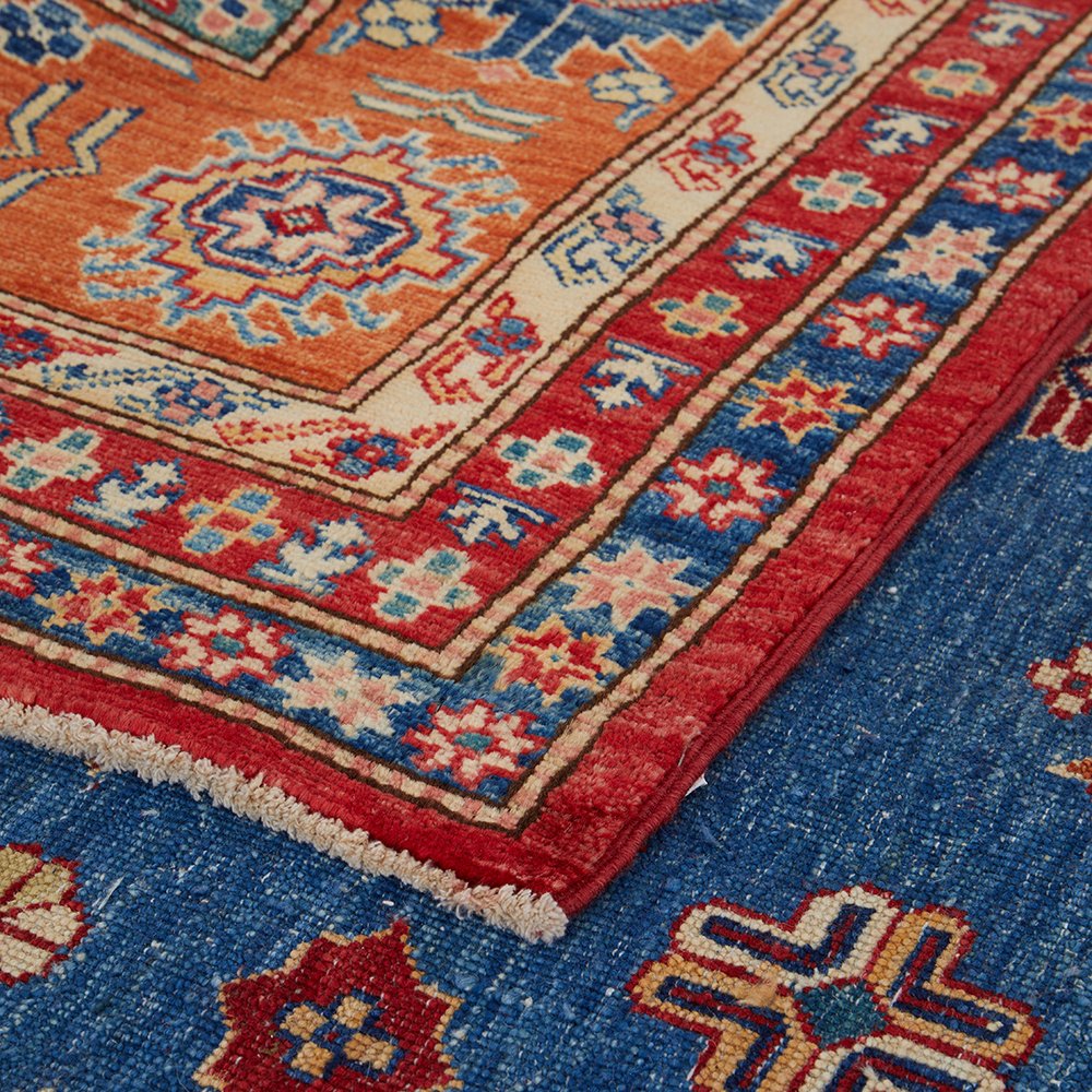 Persian Blue Red Multi Colour Supper Kazak Medallion Floral Hand Knotted Pure Wool Afghan Rug - Rugs Of Beauty - 7