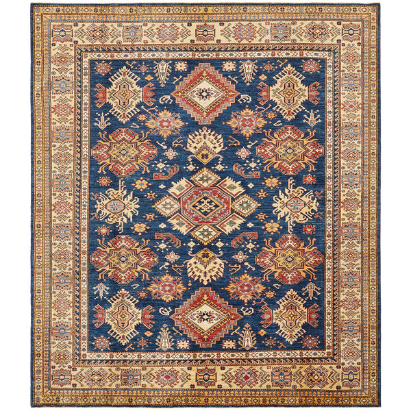 Persian Blue Red Beige Multi Colour Supper Kazak Medallion Floral Hand Knotted Pure Wool Afghan Rug - Rugs Of Beauty - 1